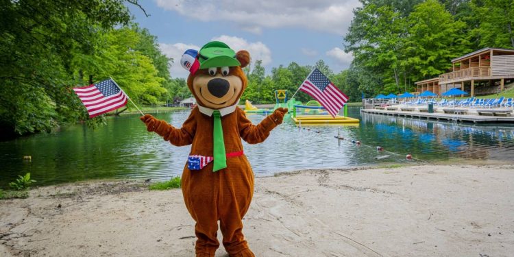 Yogi Bear on the beach at Jellystone Park Columbus North